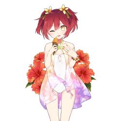Rule 34 | 1girl, aoba mahiru, braid, flower, food, hair flower, hair ornament, halterneck, hibiscus, holding, ice cream, kiya machi, looking at viewer, nail polish, one-piece swimsuit, one eye closed, open mouth, red hair, short hair, solo, swimsuit, transparent background, two side up, uchi no hime-sama ga ichiban kawaii, white one-piece swimsuit, yellow eyes