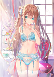 Rule 34 | 1girl, aqua eyes, bare arms, bare shoulders, blue bra, blue panties, bra, breasts, brown hair, cake, cake slice, chair, cleavage, closed mouth, collarbone, commentary request, cowboy shot, cup, curtains, finger to mouth, flower, food, frills, garter belt, gluteal fold, hair flower, hair ornament, hair ribbon, highres, index finger raised, indoors, lace, lace-trimmed bra, lace-trimmed garter belt, lace-trimmed legwear, lace-trimmed panties, lace trim, lingerie, long hair, looking at viewer, medium breasts, miwabe sakura, navel, original, panties, petals, ribbon, rose, saucer, shushing, smile, solo, stomach, table, tea, teacup, thighhighs, tiered tray, twintails, underwear, underwear only, white thighhighs, window, x hair ornament