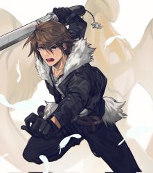Rule 34 | 1boy, black gloves, black jacket, black pants, blue eyes, brown hair, chain necklace, commentary request, cropped jacket, falling feathers, feathers, fighting stance, final fantasy, final fantasy viii, foot out of frame, fur-trimmed jacket, fur trim, furrowed brow, garbage paper, gloves, gunblade, hair between eyes, highres, holding, holding weapon, jacket, jewelry, korean commentary, long sleeves, male focus, necklace, open mouth, pants, quetzalcoatl (final fantasy), scar, scar on face, scar on forehead, shirt, short hair, squall leonhart, weapon, white feathers, white fur, white shirt