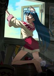 Rule 34 | 1girl, aqua eyes, aqua hair, barefoot, day, hairband, indoors, light rays, long hair, long sleeves, looking at viewer, lowres, lucia (lunar), lunar, lunar 2: eternal blue, official art, open mouth, shorts, solo, window