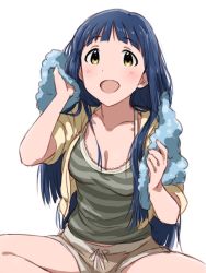 Rule 34 | 10s, 1girl, :d, alternate hairstyle, blue hair, breasts, brown eyes, camisole, cropped jacket, dani-ikapi, hair down, hair over shoulder, idolmaster, idolmaster million live!, kitakami reika, long hair, medium breasts, open mouth, short shorts, shorts, sidelocks, simple background, smile, solo, striped, towel, towel around neck, white background