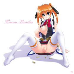 Rule 34 | 00s, 1girl, blue eyes, breasts, brown hair, censored, highres, kamogawa tanuki, large breasts, lyrical nanoha, mahou shoujo lyrical nanoha, mahou shoujo lyrical nanoha strikers, open clothes, open shirt, pussy, shirt, sitting, solo, teana lanster, thighhighs, twintails, uniform, weapon, white thighhighs