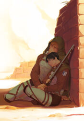 Rule 34 | 2boys, absurdres, against wall, belt, black eyes, black hair, blonde hair, blood, blood on face, brown belt, cape, closed eyes, erwin smith, gravesecrets, green cape, gun, hand on another&#039;s hand, highres, holding, holding gun, holding weapon, hood, hood up, hooded cape, injury, levi (shingeki no kyojin), male focus, multiple boys, pants, paradis military uniform, parted lips, pectorals, shingeki no kyojin, shirt, short hair, sitting, smile, survey corps (emblem), weapon, white pants, white shirt, yaoi