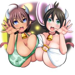 Rule 34 | 2girls, absurdres, bare arms, bare shoulders, bikini, black hair, blue eyes, border, breast press, breasts, brown hair, choker, cleavage, collarbone, covered erect nipples, cow girl, green eyes, highres, horns, huge breasts, ishuzoku reviewers, looking at viewer, mikado ryouma, minotaur, multiple girls, o-ring, o-ring top, open mouth, short hair, smile, swimsuit, tail, teeth, underboob, upper body, upper teeth only, white border