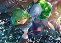 Rule 34 | 1girl, all fours, animal, animal ears, animal hands, animare, bag, bear ears, bear girl, bear hair ornament, bear tail, boots, commentary request, day, fish, fish in mouth, gloves, glowing, glowing eyes, green eyes, green footwear, green hair, green skirt, hair ornament, hairclip, highres, hinokuma ran, kneehighs, kokka han, looking at viewer, mouth hold, nanashi inc., outdoors, paw gloves, plaid, plaid skirt, puffy short sleeves, puffy sleeves, river, shirt, short sleeves, shoulder bag, skirt, socks, solo, suspender skirt, suspenders, tail, v-shaped eyebrows, virtual youtuber, water, white shirt, white socks