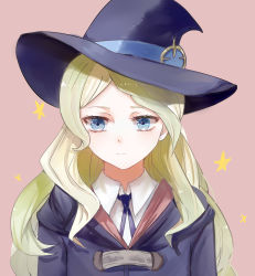 Rule 34 | 1girl, blonde hair, blue eyes, blue hat, blue ribbon, diana cavendish, hat, hat ribbon, highres, little witch academia, long hair, neck ribbon, parted bangs, pink background, ribbon, shirt, solo, upper body, white shirt, witch hat, yutsuki (pixiv4894196)