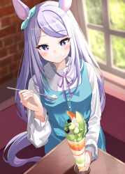 Rule 34 | 1girl, alternate costume, animal ears, blush, casual, commentary request, eating, food, guram, horse ears, horse girl, horse tail, long hair, looking at viewer, mejiro mcqueen (umamusume), purple eyes, sitting, smile, solo, spoon, table, tail, umamusume