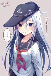 Rule 34 | ..., 1girl, anchor symbol, black sailor collar, blue eyes, commentary request, flat cap, frown, grey background, hat, hibiki (kancolle), highres, kantai collection, long hair, looking at viewer, neckerchief, red neckerchief, sailor collar, school uniform, serafuku, silver hair, simple background, solo, spoken ellipsis, tateishi kureha, upper body