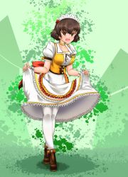 Rule 34 | 1girl, absurdres, ankle boots, apron, back bow, boots, bow, brown eyes, brown footwear, brown hair, caesar (girls und panzer), choker, coco&#039;s, commentary request, cropped jacket, curtsey, dress, frilled apron, frills, full body, girls und panzer, green background, highres, jacket, large bow, looking at viewer, maid headdress, medium dress, name tag, official alternate costume, open mouth, pantyhose, partial commentary, puffy short sleeves, puffy sleeves, red bow, short hair, short sleeves, skirt hold, smile, solo, standing, waist apron, white pantyhose, yellow choker, yellow jacket, zetto-plus