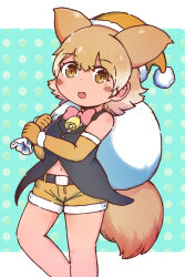 Rule 34 | 1girl, alternate costume, animal ears, bell, black vest, blonde hair, blush, bow, bowtie, brown hat, brown shorts, coattails, commentary request, cowboy shot, coyote (kemono friends), extra ears, fur trim, hat, highres, kemono friends, looking at viewer, midriff peek, multicolored hair, navel, neck bell, numazoko namazu, red bow, red bowtie, santa hat, short hair, short shorts, shorts, sleeveless, solo, tail, vest, white hair, wolf ears, wolf girl, wolf tail, yellow eyes