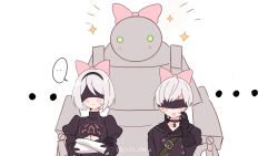 Rule 34 | ..., 1boy, 1girl, 1other, artist name, black blindfold, black gloves, black hairband, blindfold, blush, choker, dinikee, gloves, green eyes, hairband, hand on own cheek, hand on own face, highres, nier:automata, nier (series), pink ribbon, ribbon, robot, short hair, simple background, sparkle, speech bubble, sweat, white background, white hair, 2b (nier:automata), 9s (nier:automata)