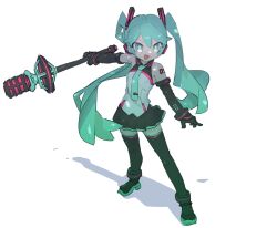 Rule 34 | 1girl, aqua eyes, aqua hair, aqua necktie, bare shoulders, black footwear, black gloves, black skirt, black sleeves, boots, cheri zao, collared vest, contrapposto, from above, gloves, grey vest, hatsune miku, highres, holding, holding microphone stand, long hair, looking at viewer, microphone stand, miku day, necktie, open mouth, perspective, shadow, simple background, skirt, smile, solo, thigh boots, twintails, vest, vocaloid, white background