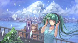 Rule 34 | 1girl, bad id, bad pixiv id, bird, breasts, catsmoon, city, cityscape, closed eyes, cloud, day, feathers, green hair, hands on headphones, hatsune miku, headphones, highres, long hair, sky, solo, twintails, vocaloid