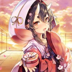 Rule 34 | 1girl, :o, blush, box, brown hair, cloud, cloudy sky, copyright request, eyeshadow, floral print, flower, gift, giving, hair flower, hair ornament, holding, horns, japanese clothes, kimono, long sleeves, makeup, oni, oni horns, onmyoji, open mouth, outdoors, petals, pointy ears, red eyes, rooftop, short eyebrows, short hair, sibyl, sky, solo, standing, sunset, thick eyebrows, valentine, wide sleeves, yellow sky