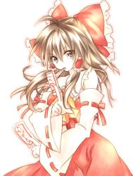 Rule 34 | 1girl, armpits, bad id, bad pixiv id, bare shoulders, bow, brown eyes, brown hair, detached sleeves, female focus, fighting stance, hair bow, hakurei reimu, japanese clothes, large bow, long hair, miko, mouth hold, ofuda, ribbon, riichu, serious, simple background, solo, touhou
