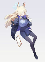Rule 34 | 1girl, absurdres, animal ear fluff, black coat, black footwear, black gloves, black necktie, black pantyhose, blonde hair, blue archive, blue eyes, blue shirt, blue skirt, blush, boots, breasts, clipboard, coat, collared shirt, commentary request, cup, extra ears, full body, gloves, grey background, hair over one eye, halo, highres, holding, holding cup, kanna (blue archive), long hair, long sleeves, looking at viewer, medium breasts, necktie, notched ear, open clothes, open coat, open mouth, pantyhose, pen, ringed eyes, sharp teeth, shirt, shirt tucked in, simple background, skirt, solo, teeth, v-shaped eyebrows, yanyo (ogino atsuki)