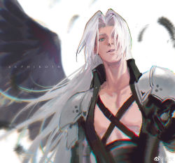 Rule 34 | 1boy, armor, black gloves, black wings, feathers, final fantasy, final fantasy vii, gloves, green eyes, highres, long hair, looking at viewer, open clothes, pauldrons, sephiroth, shoulder armor, simple background, single wing, slit pupils, solo, white hair, wings, xianyu314