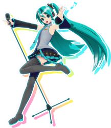 Rule 34 | 1girl, 3d, aqua eyes, aqua footwear, aqua hair, aqua nails, aqua necktie, aqua skirt, aqua sleeves, armpits, black skirt, black sleeves, black thighhighs, collar, detached sleeves, drop shadow, eighth note, female focus, flat chest, full body, grey shirt, hair between eyes, hatsune miku, holding, holding microphone stand, long hair, looking at viewer, microphone, microphone stand, miniskirt, musical note, necktie, official art, open mouth, outstretched arm, petite, pleated skirt, project diva (series), project diva mega39&#039;s, shirt, simple background, skirt, sleeveless, sleeveless shirt, solo, standing, standing on one leg, thighhighs, thighs, transparent background, twintails, very long hair, vocaloid, waving, wide sleeves, zettai ryouiki
