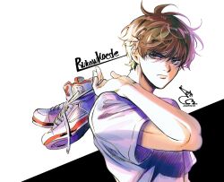 Rule 34 | 1boy, absurdres, bae (baebae), bishounen, brown eyes, brown hair, carrying over shoulder, closed mouth, highres, holding, holding shoes, looking to the side, male focus, rukawa kaede, shirt, shoes, short hair, simple background, slam dunk (series), sneakers, solo, sunlight, unworn shoes, upper body, white background, white footwear, white shirt