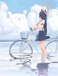 Rule 34 | 1girl, absurdres, besi (besidoesart), bicycle, blue skirt, blue sky, cloud, day, gradient hair, halo, highres, hololive, hololive english, long hair, multicolored hair, neckerchief, ninomae ina&#039;nis, orange hair, orange neckerchief, outdoors, partially submerged, pleated skirt, purple hair, reflection, reflective water, school uniform, skirt, sky, solo, standing, takodachi (ninomae ina&#039;nis), tentacle hair, virtual youtuber, water