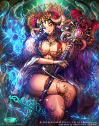 Rule 34 | 1girl, 2012, 2015, breasts, brown hair, cleavage, crossed legs, dated, demon girl, female focus, from above, guardian cross, hair ornament, head tilt, highres, horns, large breasts, legs, long hair, looking at viewer, magic, naughty face, official art, original, purple eyes, smile, solo, staff, star (sky), tajima yukie, thigh strap, thighs