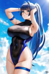 Rule 34 | 1girl, absurdres, alternate hairstyle, armband, armpits, arms up, black one-piece swimsuit, blue eyes, blue hair, blue sky, blunt bangs, breasts, cloud, covered navel, dated, day, glasses, groin, hair intakes, high ponytail, highleg, highleg swimsuit, highres, hololive, hololive english, large breasts, one-piece swimsuit, ouro kronii, outdoors, parted lips, signature, skindentation, sky, solo, steb, swimsuit, thigh strap, thighs, virtual youtuber, wet, wristband