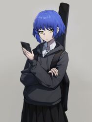 Rule 34 | 1girl, black skirt, blue hair, bocchi the rock!, boogieleo5, cellphone, collared shirt, expressionless, grey background, grey hoodie, guitar case, hair ornament, hairclip, highres, holding, holding phone, hood, hoodie, instrument case, mole, mole under eye, phone, pleated skirt, shirt, short hair, skirt, smartphone, solo, upper body, white shirt, yamada ryo, yellow eyes