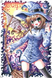 Rule 34 | 1girl, blush, braid, breasts, broom, brown hair, emperpep, female focus, green eyes, hair ribbon, hat, open mouth, painting (medium), ribbon, single braid, solo, thighhighs, traditional media, watercolor (medium), wings, witch