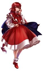 Rule 34 | 1girl, black cape, braid, cape, closed mouth, full body, hair between eyes, highres, kuya (hey36253625), long hair, okazaki yumemi, red cape, red eyes, red footwear, red hair, red skirt, red vest, shoes, skirt, socks, solo, touhou, touhou (pc-98), transparent background, twin braids, vest, white socks
