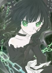 1girl absurdres black_choker black_dress black_hair black_horns black_rock_shooter chain choker dead_master dress green_eyes highres horns looking_at_viewer medium_hair pale_skin skeletal_hand solo user_hzpg8282