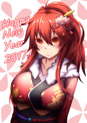 Rule 34 | 1girl, 2017, arms at sides, breasts, closed mouth, elesis (elsword), elsword, fi-san, flower, fur, hair between eyes, hair flower, hair ornament, happy new year, highres, japanese clothes, kimono, large breasts, long hair, looking at viewer, new year, obi, ponytail, red eyes, red hair, sash, sidelocks, smile, solo, upper body