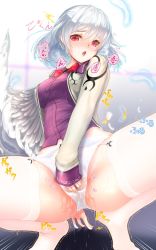 Rule 34 | 1girl, angel wings, beige jacket, blouse, blush, bow, bowtie, breasts, collared shirt, commentary request, commission, covered erect nipples, emphasis lines, eyelashes, feathered wings, female masturbation, garter straps, highres, hypoc, large breasts, long sleeves, looking at viewer, m legs, masturbation, open mouth, panties, purple shirt, pussy juice, pussy juice drip through clothes, pussy juice stain, red bow, red bowtie, red eyes, shirt, sidelocks, silver hair, single wing, skeb commission, skirt, unworn skirt, solo, squatting, thighhighs, thighs, tongue, underwear, white panties, white thighhighs, wing collar, wings