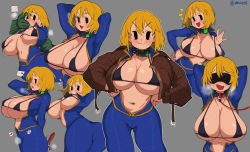 Rule 34 | 1girl, :3, absurdres, arm grab, arms behind head, bdsm, bikini, black bikini, black eyes, blindfold, blonde hair, blue jumpsuit, blush, bob cut, bodysuit, breasts, breasts out, brown jacket, cleavage, collar, fallout (series), finger in another&#039;s mouth, highres, huge breasts, jacket, jumpsuit, large breasts, leash, looking at viewer, mob face, navel, open clothes, open mouth, short hair, slave, smile, solid oval eyes, steaming body, swimsuit, vault girl, vault suit, waa153