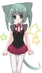 Rule 34 | 1girl, :o, animal ears, bell, blush, breasts, cat ears, cat tail, choker, cleavage, clenched hands, green eyes, green hair, jingle bell, matching hair/eyes, original, ribbon, ribbon choker, see-through, simple background, small breasts, solo, standing, star (symbol), tail, tail wagging, thighhighs, white background, yuu (pythagoras+)