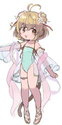 Rule 34 | 1girl, andira (granblue fantasy), animal ears, antenna hair, bare shoulders, blonde hair, brown eyes, casual one-piece swimsuit, chibi, covered navel, detached sleeves, double bun, eno (preno gb), flat chest, full body, granblue fantasy, green one-piece swimsuit, groin, hair bun, highres, looking to the side, monkey ears, monkey girl, monkey tail, one-piece swimsuit, open mouth, outstretched arm, sandals, see-through, see-through sleeves, short hair, simple background, smile, solo, standing, swimsuit, tail, thigh strap, white background