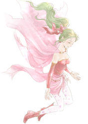 Rule 34 | 1girl, bare shoulders, bow, breasts, cape, detached sleeves, dress, final fantasy, final fantasy vi, green hair, jewelry, long hair, pantyhose, ponytail, ribbon, simple background, solo, tina branford, toyoda izumi, white background