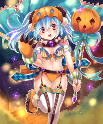 Rule 34 | 1girl, blue hair, cape, garter straps, halloween, hat, long hair, navel, official art, red eyes, senjou no electro girl, shina shina, single glove, solo, staff, thighhighs, twintails