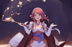 Rule 34 | 1girl, :d, cape, collarbone, commentary, cotton tan, fire emblem, fire emblem fates, hairband, head tilt, holding, holding wand, japanese clothes, kimono, long hair, looking up, nintendo, obi, open mouth, red eyes, red hair, sakura (fire emblem), sash, sleeves past wrists, smile, solo, star (symbol), wand, white cape