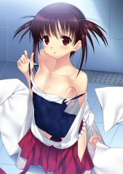 Rule 34 | 1girl, :o, bare shoulders, blush, brown hair, collarbone, fingernails, flat chest, highres, japanese clothes, kneeling, looking at viewer, miko, one-piece swimsuit, red eyes, saki (manga), school swimsuit, shiny clothes, skindentation, solo, strap pull, strap slip, suzume inui, swimsuit, swimsuit under clothes, thighhighs, undressing, usuzumi hatsumi