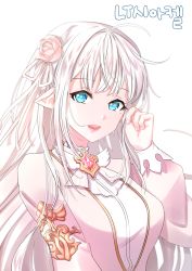 Rule 34 | 1girl, :d, player character (mabinogi), bad id, bad pixiv id, blue eyes, brooch, dress, flower, hair flower, hair ornament, hand up, highres, jewelry, long hair, long sleeves, looking at viewer, mabinogi, mole, mole under eye, open mouth, pink dress, pointy ears, saltycaramel, smile, solo, symbol-shaped pupils, unmoving pattern, white background, white hair