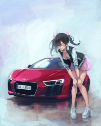 Rule 34 | 10s, 1girl, audi, audi r8, bent over, black hair, breasts, brown eyes, car, casual, cleavage, downblouse, full body, hair ribbon, hands on own knees, highres, jacket, jewelry, jockey, koh (minagi kou), license plate, love live!, love live! school idol project, motor vehicle, necklace, one eye closed, open clothes, open jacket, ribbon, skirt, smile, solo, twintails, vehicle focus, watch, wink, yazawa nico