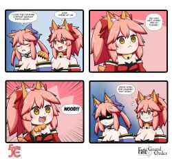 Rule 34 | 3girls, anger vein, angry, animal ear fluff, animal ears, animal hands, bare shoulders, bell, blue bow, blue kimono, bow, breasts, cat paws, cleavage, closed mouth, collar, collarbone, detached sleeves, english text, fang, fate/grand order, fate (series), fox ears, fox girl, fox tail, gloves, hair ribbon, highres, japanese clothes, jingle bell, keita naruzawa, kimono, large breasts, long hair, looking at another, mini person, minigirl, multiple girls, neck bell, open mouth, paw gloves, pink hair, pointing, ponytail, red kimono, red ribbon, ribbon, shaded face, speech bubble, split ponytail, sweat, tail, tamamo (fate), tamamo cat (fate), tamamo no mae (fate/extra), yellow eyes