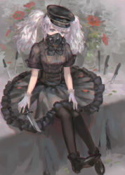 Rule 34 | 1girl, bad id, bad pixiv id, black bow, black footwear, black hat, black pantyhose, black skirt, bow, breasts, brown shirt, denki, flower, frilled skirt, frills, gas mask, gloves, gothic lolita, grey eyes, grey gloves, hair between eyes, hat, knife, lolita fashion, long hair, looking at viewer, mask, military hat, mouth mask, original, pantyhose, peaked cap, puffy short sleeves, puffy sleeves, red flower, respirator, revision, shirt, shoes, short sleeves, silver hair, sitting, skirt, small breasts, solo, twintails