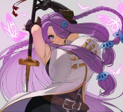 Rule 34 | 1girl, absurdres, armpits, arms up, asymmetrical gloves, bare shoulders, black gloves, blue eyes, braid, breasts, bug, butterfly, draph, elbow gloves, fingerless gloves, gloves, granblue fantasy, hair over one eye, highres, horns, huge breasts, insect, katana, long hair, looking at viewer, low tied hair, narmaya (granblue fantasy), naze, open mouth, pointy ears, purple hair, sidelocks, single braid, sleeveless, solo, sword, uneven gloves, vest, weapon, white vest