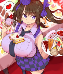 Rule 34 | 1girl, :t, alternate breast size, belt, black bow, black bowtie, black skirt, blurry, blurry background, bow, bowtie, breasts, brown belt, brown hair, cake, checkered clothes, checkered skirt, collared shirt, commentary request, eating, fingernails, food, food on body, food on breasts, food on face, frilled shirt collar, frills, from above, hair bow, hat, heart, himekaidou hatate, himeshita johnny mafuyu, holding, holding cake, holding food, holding tray, huge breasts, light blush, long hair, looking at viewer, pocket, pointy ears, purple bow, purple eyes, purple headwear, purple shirt, purple skirt, shirt, skirt, sleeveless, sleeveless shirt, solo, spoken heart, standing, strawberry shortcake, thick eyebrows, tokin hat, touhou, tray, twintails