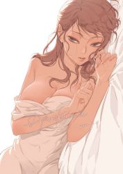 Rule 34 | 1girl, artist name, bed sheet, blanket, blue eyes, breasts, brown hair, brown nails, cleavage, dated, eyelashes, hands up, highres, large breasts, lips, long hair, lying, messy hair, nail polish, naked sheet, on bed, on side, original, parted lips, shigurefusawa, sideways, sideways glance, simple background, solo, unaligned breasts, under covers, upper body, white background