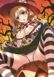 Rule 34 | 1girl, absurdres, blonde hair, blush, bow, bowtie, branch, breasts, candy, clothes lift, doughnut, dress, dutch angle, fingernails, food, green eyes, halloween, halloween costume, hat, hat ornament, highres, jack-o&#039;-lantern, jack-o&#039;-lantern ornament, macaron, medium breasts, misaki kurehito, nipples, open mouth, original, pumpkin, shiny skin, sitting, skirt, skirt basket, skirt lift, solo, star (symbol), star hat ornament, striped clothes, striped thighhighs, thighhighs, twintails, underwear, witch hat