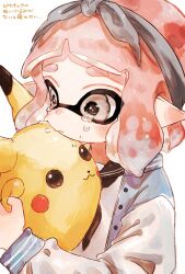 Rule 34 | 1girl, bandana, black neckerchief, black sailor collar, closed mouth, creatures (company), crying, crying with eyes open, game freak, gen 1 pokemon, grey bandana, grey eyes, highres, inkling, inkling girl, inkling player character, jacket, neckerchief, nintendo, open clothes, open jacket, pikachu, pink hair, plum0o0, pointy ears, pokemon, sailor collar, short hair, simple background, splatoon (series), suction cups, tears, tentacle hair, translation request, wavy eyes, white background