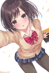 Rule 34 | 1girl, absurdres, arm up, black eyes, black hair, blue skirt, blush, bow, bowtie, braid, brown cardigan, brown pantyhose, cardigan, collared shirt, commentary request, highres, kamiyama high school uniform (project sekai), long sleeves, looking at viewer, looking up, miniskirt, noneon319, notebook, open mouth, pantyhose, plaid, plaid skirt, pleated skirt, project sekai, red bow, red bowtie, school uniform, selfie, shinonome ena, shirt, short hair, skirt, solo, twitter username, white background, white shirt