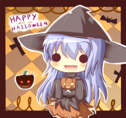 Rule 34 | 1girl, :d, blue hair, chibi, fang, gaius (nikoniko2), halloween, happy halloween, hat, holding, jack-o&#039;-lantern, long hair, looking at viewer, open mouth, original, smile, solid circle eyes, solo, witch hat